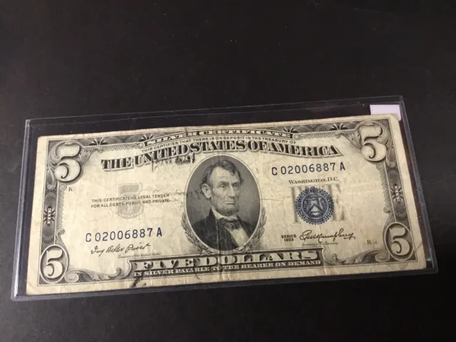 1953-$5 Misaligned Silver Certificate Blue Seal-Dollar-6887-A