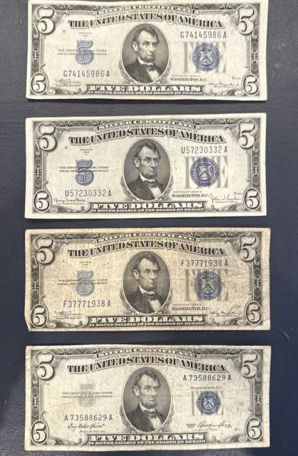 1934A/1934D/1963 Five  Dollar Bill Silver Certificate  (lot of 4)