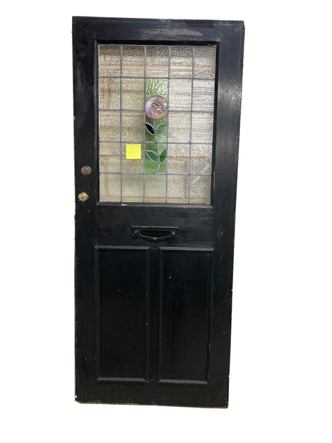 RECLAIMED EDWARDIAN ANTIQUE TIMBER FRONT DOOR WITH STAINED GLASS 1930s