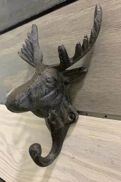 Antique Cast Iron Wall Hooks Brown Moose Head Coat Hat Towel Hanging Rustic