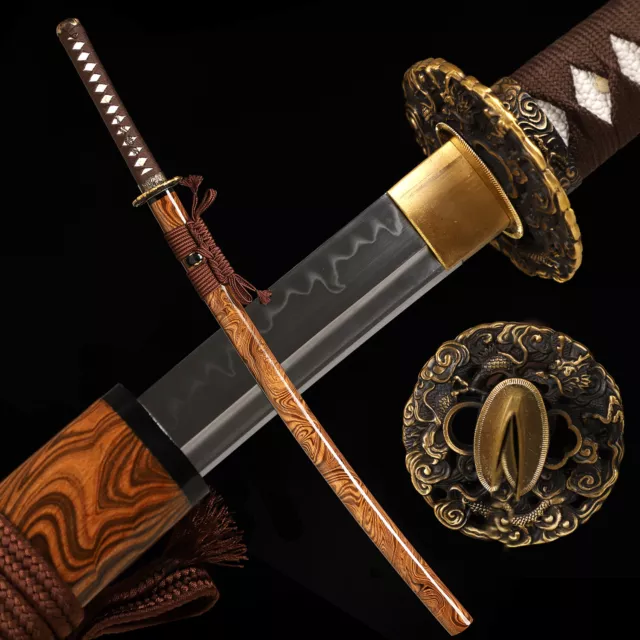 Katana Japanese Samurai Sword T10 Steel Clay Tempered Full Tang Sharp Brown Saya