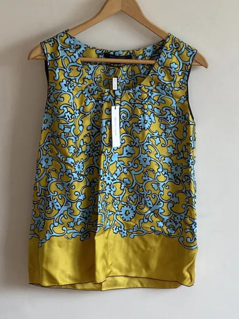 Marc Jacobs Silk Twill Floral Watercolor Gold Blue Pleated Neck Blouse Sz 6 NWT