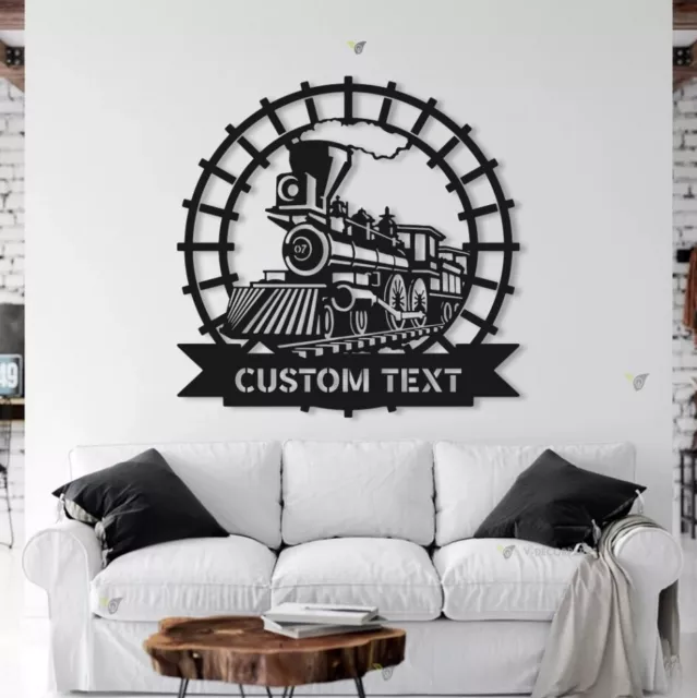 Custom Train Metal Wall Art LED Light, Personalized Train And Railroad Name Sign 3