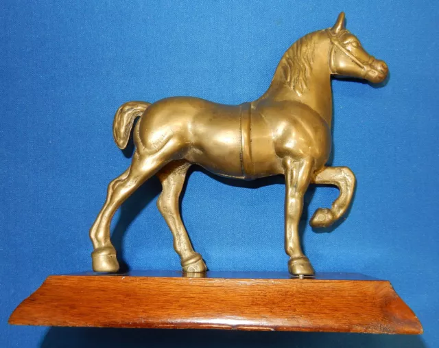 Brass Figurine Horse On Wooden Base. 