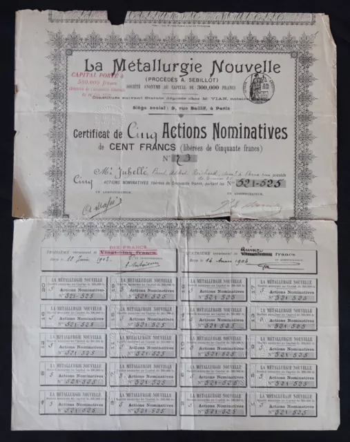 Action 1902 LA METALLURGIE FRANCAISE procédé SEBILLOT titre bond share 7
