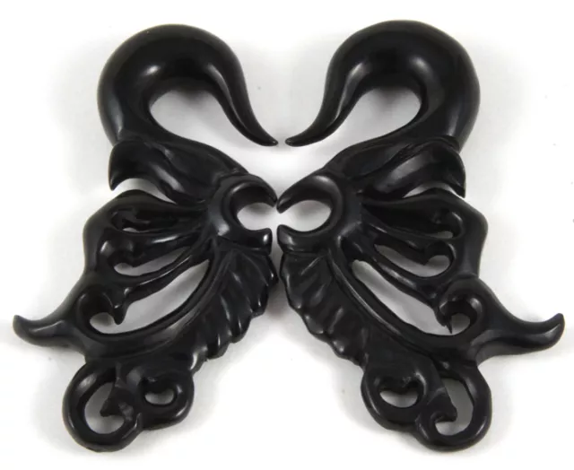 Pair Handmade Carved Black Horn Butterfly Wings Hanger Ear Gauge Plugs 8G - 1/2"