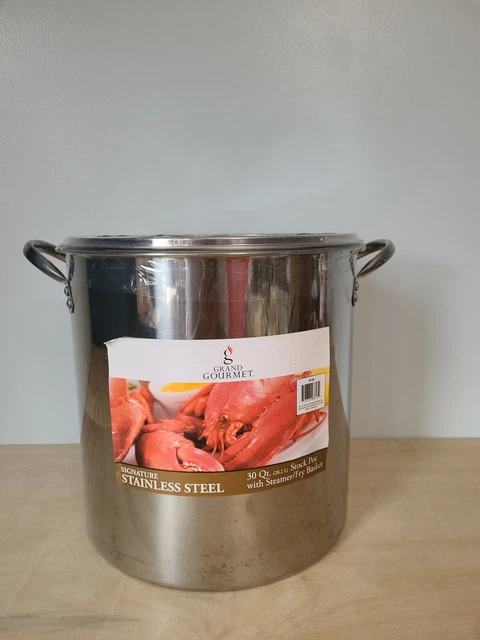 GRAND GOURMET 30 Quart Stock Pot W/Steamer/Deep Fry Basket Boil/Fry