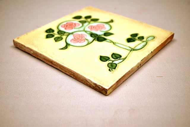 Vintage Japan Tile Majolica Art Nouveau Danto Kaisha Porcelain Rose Vine Rare"80 3