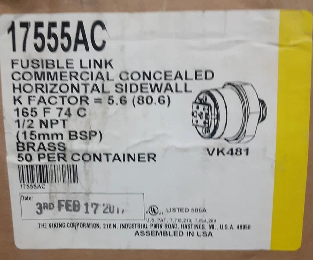 Viking Brass Sprinkler VK481 Fusible Link Commercial Concealed 1/2" NPT 17555AC