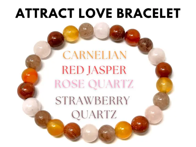 Attract Love Bracelet: 8 mm Beads Rose Quartz, Carnelian, Red Jasper, Strawberry