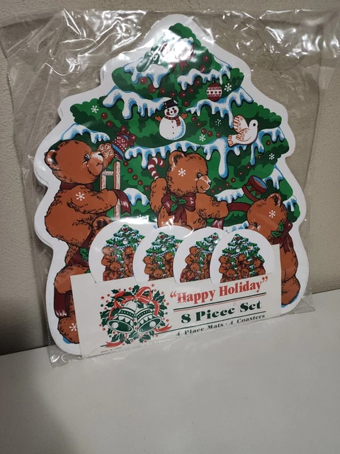Vintage Vinyl Placemats Happy Holidays Christmas Bears Set Coaster Maytex Mills