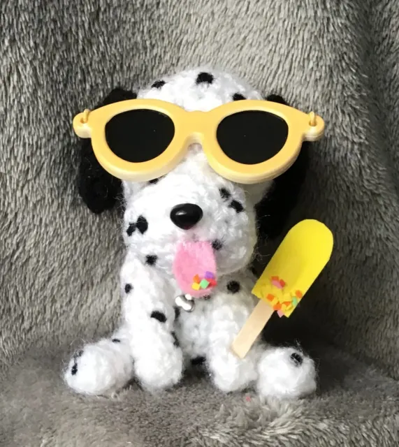 Dalmatian. Miniature Sitting Crochet Dog Wearing Sun Glasses  /Ice Cream Lolly