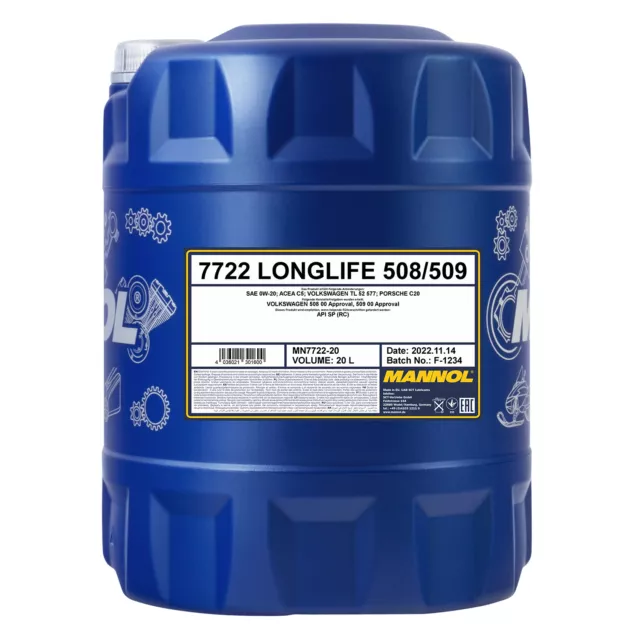 MANNOL Longlife 508/509 SAE 0W-20 Motoröl, API SP RC, 20 Liter