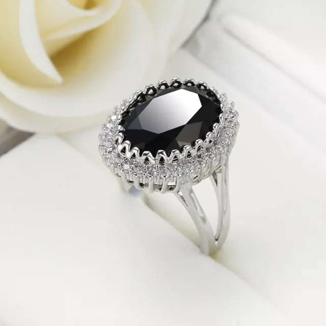 925 Silver Ring Oval Black Zircon Crystal Rings Womens Retro Fashion Jewellery 2