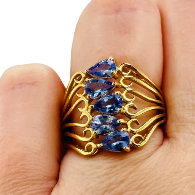 Gold Vermeil Sterling Silver Blue Tanzanite Ring Size 7 Signed DK Filigree