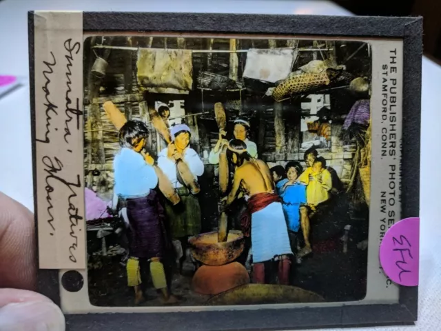 HISTORIC Colored Glass Magic Lantern Slide EFU SUMATRA MAKING FLOUR NATIVES