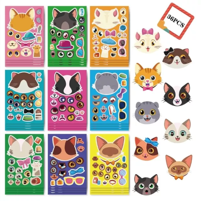 36 Pack Cats Make-a-face Stickers Sheets DIY Make Your Own Cats Stickers for Kid