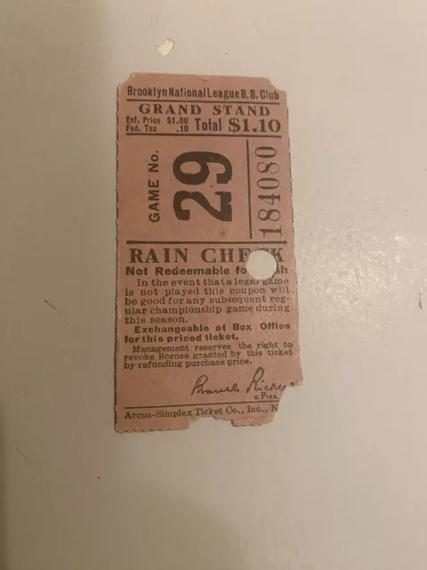 1943 Baseball Brooklyn Dodgers Ebbets Field Ticket Stub Home Game # 10