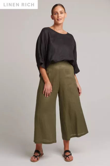 Eb & Ive Khaki Linen  Pants with Pockets/Size S/Semi-Elasticated Waistband