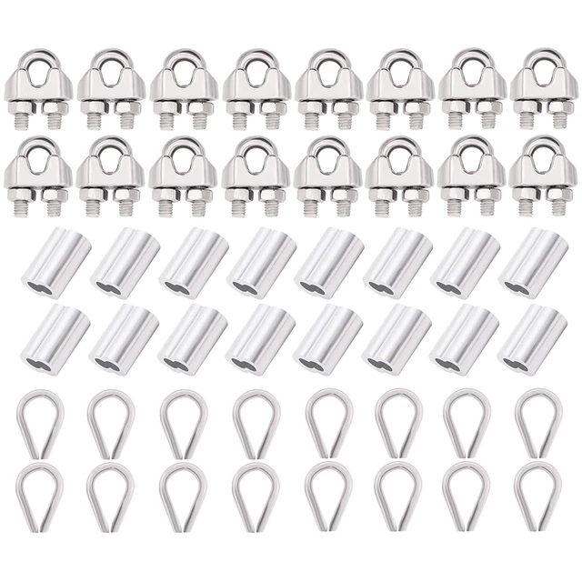 20Pcs Wire Rope Cable Clip/Clamp,20Pcs Thimble,20Pcs Aluminum Crimping Loop for