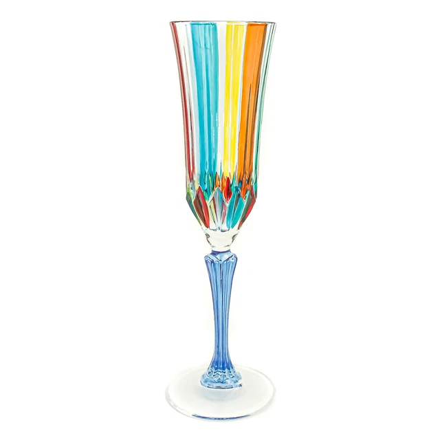 Murano Verre Buvant Flûte à Champagne Multi Couleur Main Peint Bleu Tige 25cm