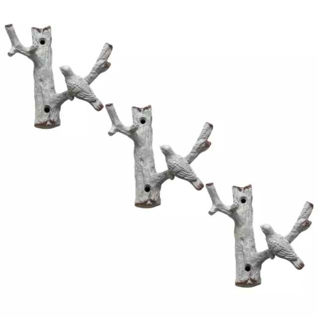 3PC Cast Iron Wall Bird on Branch 6 Hooks Coat Key Rack Metal Shabby Chic Grey