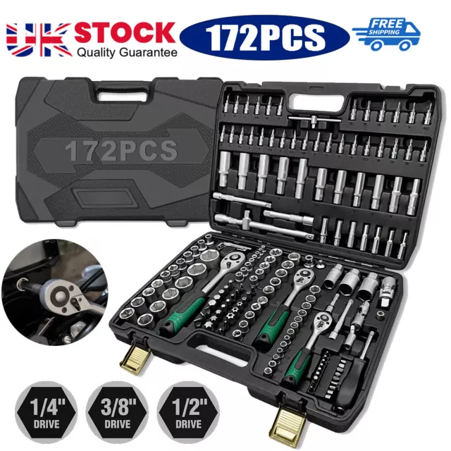 172PC 1/2" 3/8" & 1/4" SOCKET SET SCREWDRIVER RATCHET DRIVER With CASE TOOL KIT