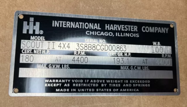 Fits INTERNATIONAL HARVESTER GVW SCOUT TRAVELALL TRUCK DATA PLATE ENGRAVED