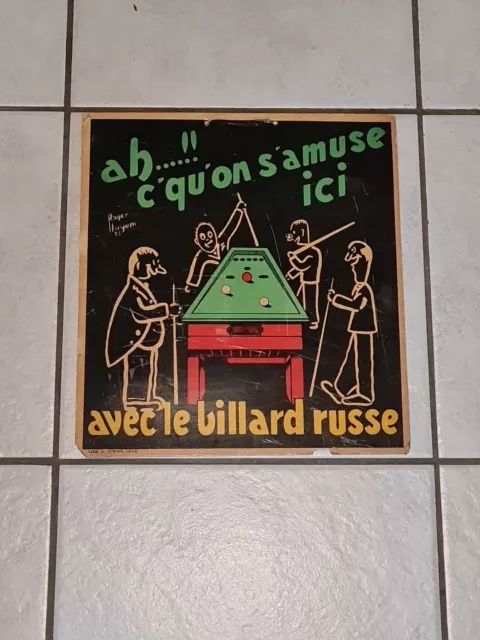 Plaque Affiche Carton Ancien Roger Hayem Billard Russe Pub Dessin Litho Plv