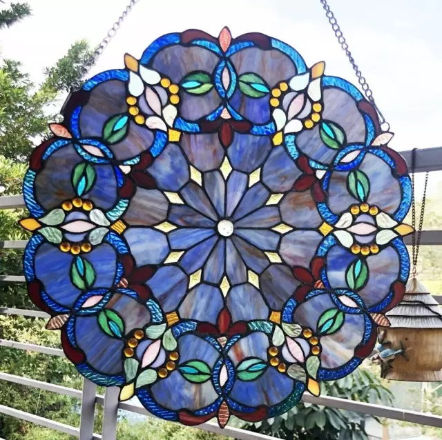 Stained Glass Tiffany Style Hanging Window Panel Round Victorian Design