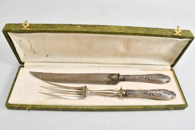 M56Y27- Altes Tranchierbesteck mit Silber Griff in Etui, Paris um 1890