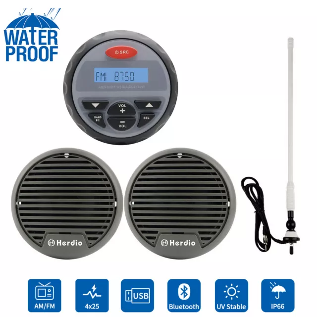 Herdio Bluetooth Boat Mp3 Player USB Radio +3" Hot tub Speakers+FM AM Aerial