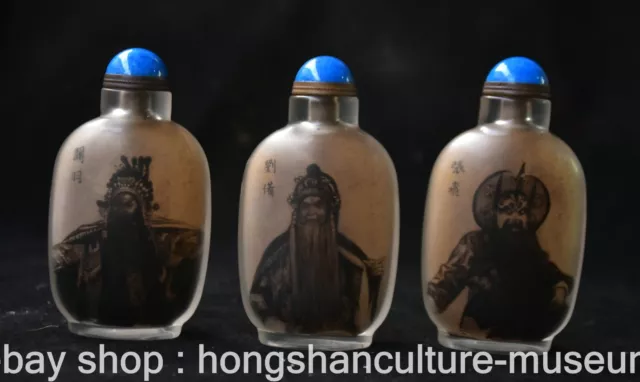 3.6" Old Chinese Glass Painting Dynasty “桃园三结义” Snuff box Snuff Bottle Set