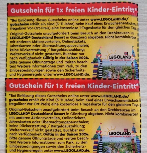 2x  Gutschein freier Kinder Eintritt Legoland Deutschland Günzburg Saison 2024