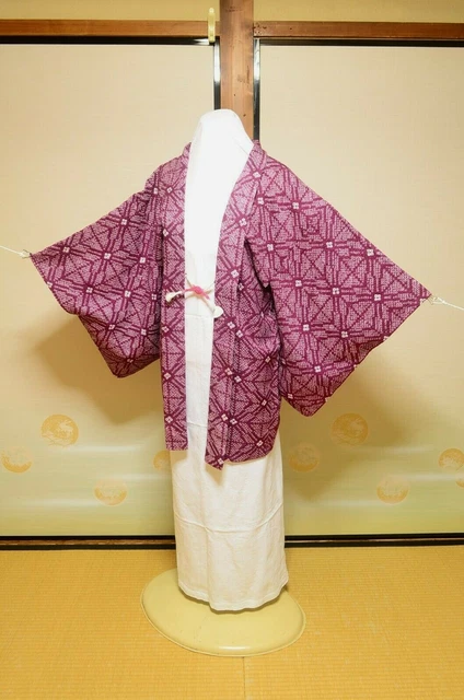 Silk HAORI with Cord Sou-Shibori Women Japanese vintage Kimono Jacket /1110