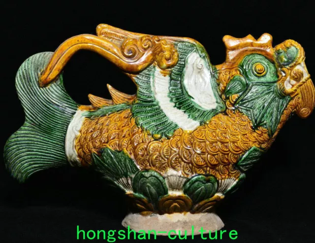 13.5" Old Chinese Sancai Porcelain Dynasty Animal Fish Beast Lotus Handle Pot