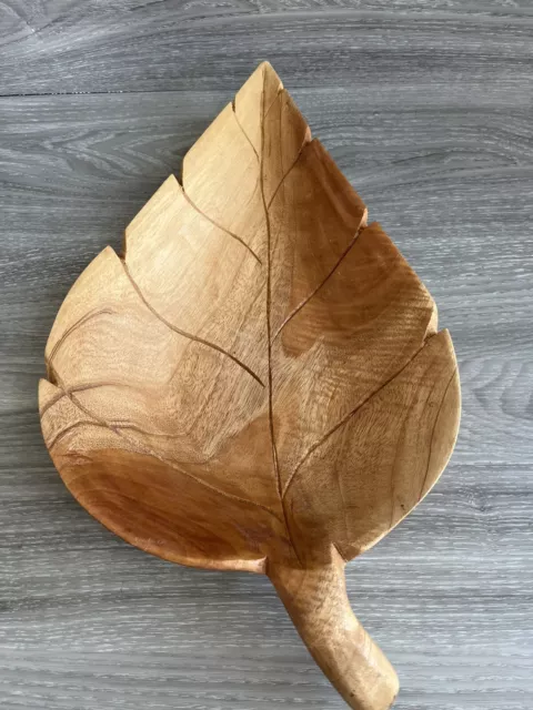Leaf Shaped Vintage Hand Carved Large Wooden Fruit Bowl / Key / Condiment Dish