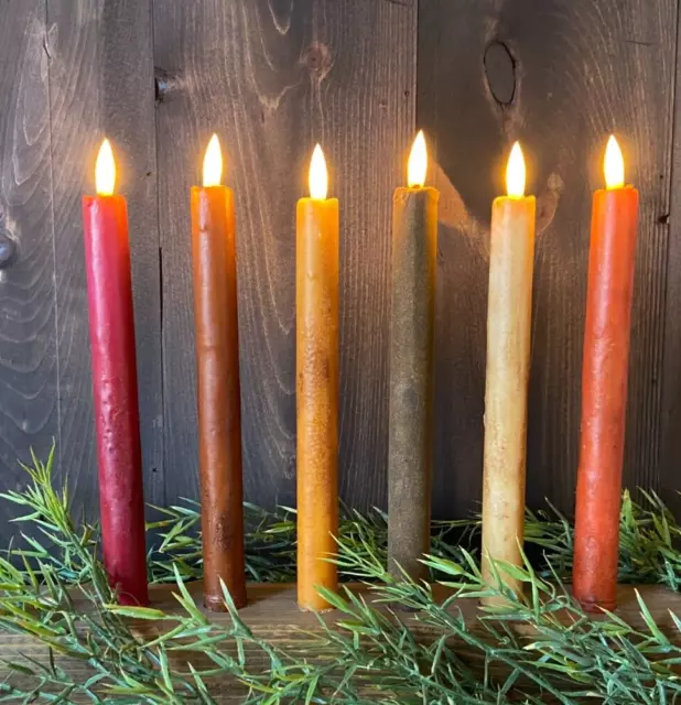 Primitive Country Farmhouse 10" 3D Flickering Flame Timer Taper Candle/ 6 Colors