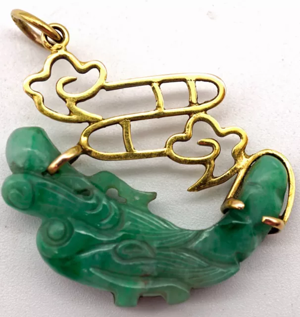 Hand Carved Green Jade / Jadeite & 14K Gold Dragon Pendant Finished All around