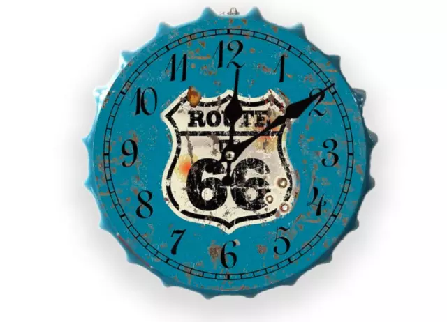 30cm Route 66 Americana Clock Vintage Retro Wall Display Sign Metal Bottle Top