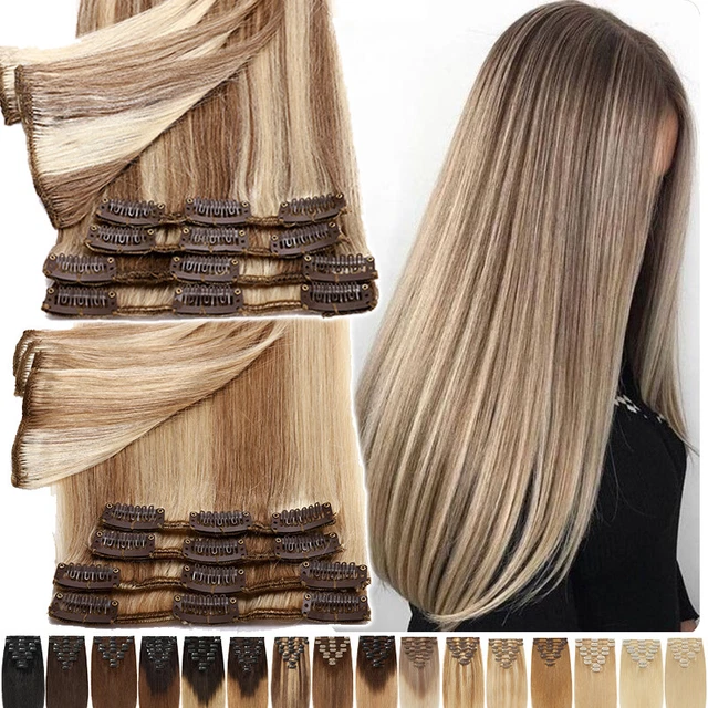 BALAYAGE Clip In 100% Real Human Hair Extensions Hairpiece 8PCS 18Clip Full Head