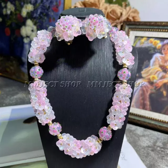 Women Collar Choker Necklace Pink Flower Czech Glass Crystal Vintage Jewelry Set