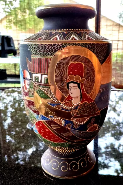 Hand-Painted Japanese Moriage Satsuma Vase 12 1/2" Tall