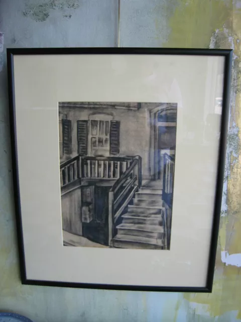 Antique Début 20th Siècle Signée Charbon Dessin De Escalier