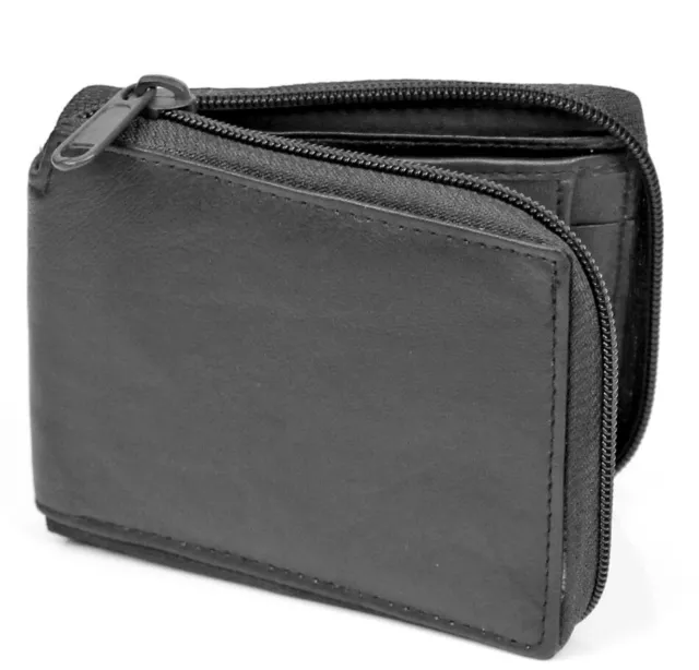 Mens Zip Around Bifold Wallet Genuine Leather Black Id Pocket Credit Card Window