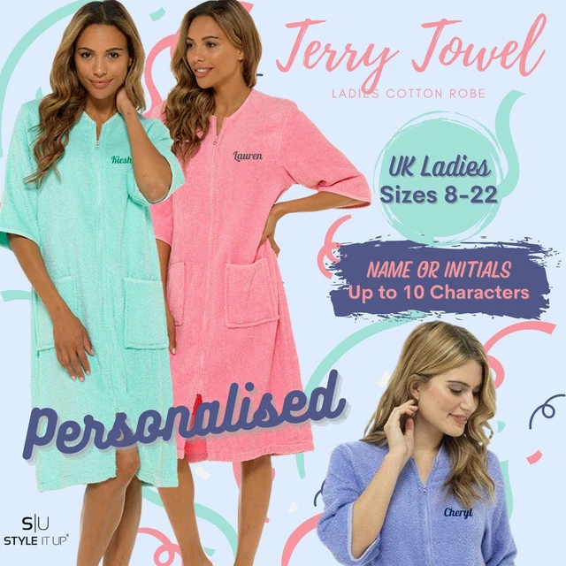PERSONALISED LADIES ZIP Through Terry Towelling Bath Robe Cotton Dressing Gown £25.99 PicClick UK