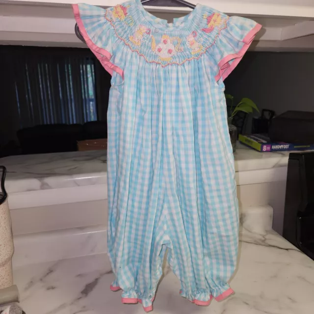 Le' Za Me Baby Girl Boutique Romper Size 6 Months Smocked Tea Pots Blue White