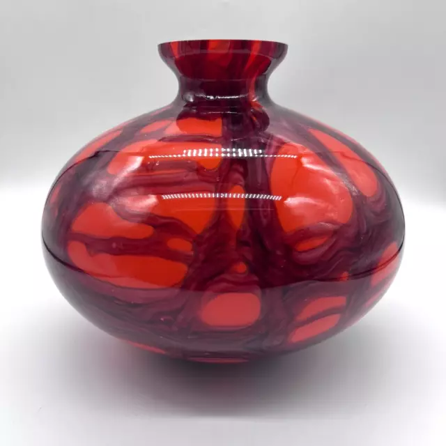 Vintage Kralik Czechoslovakia 8" Spider Webbed Orange Black Glass Ball Vase