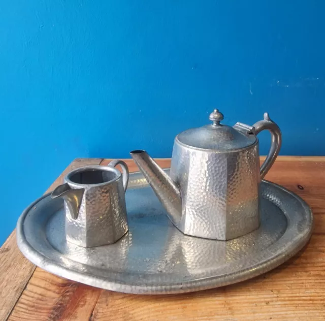 Antique Hammered English Pewter Tea Set, Teapot, Milk Jug, Tray, Home Decor