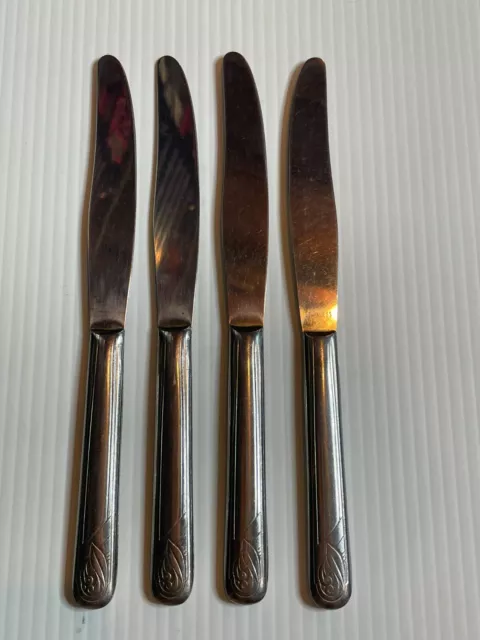 Lot 4 MCM Butter Knives Stainless Steel Flatware Korea Art Deco Leaf Scroll 9"